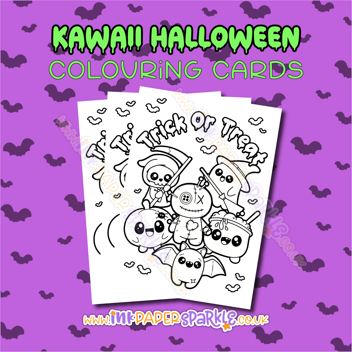 Kawaii Halloween Colouring Cards