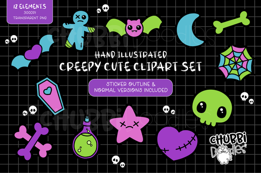 Creepy Cute Illustrations - Clipart Set - Alternative Goth