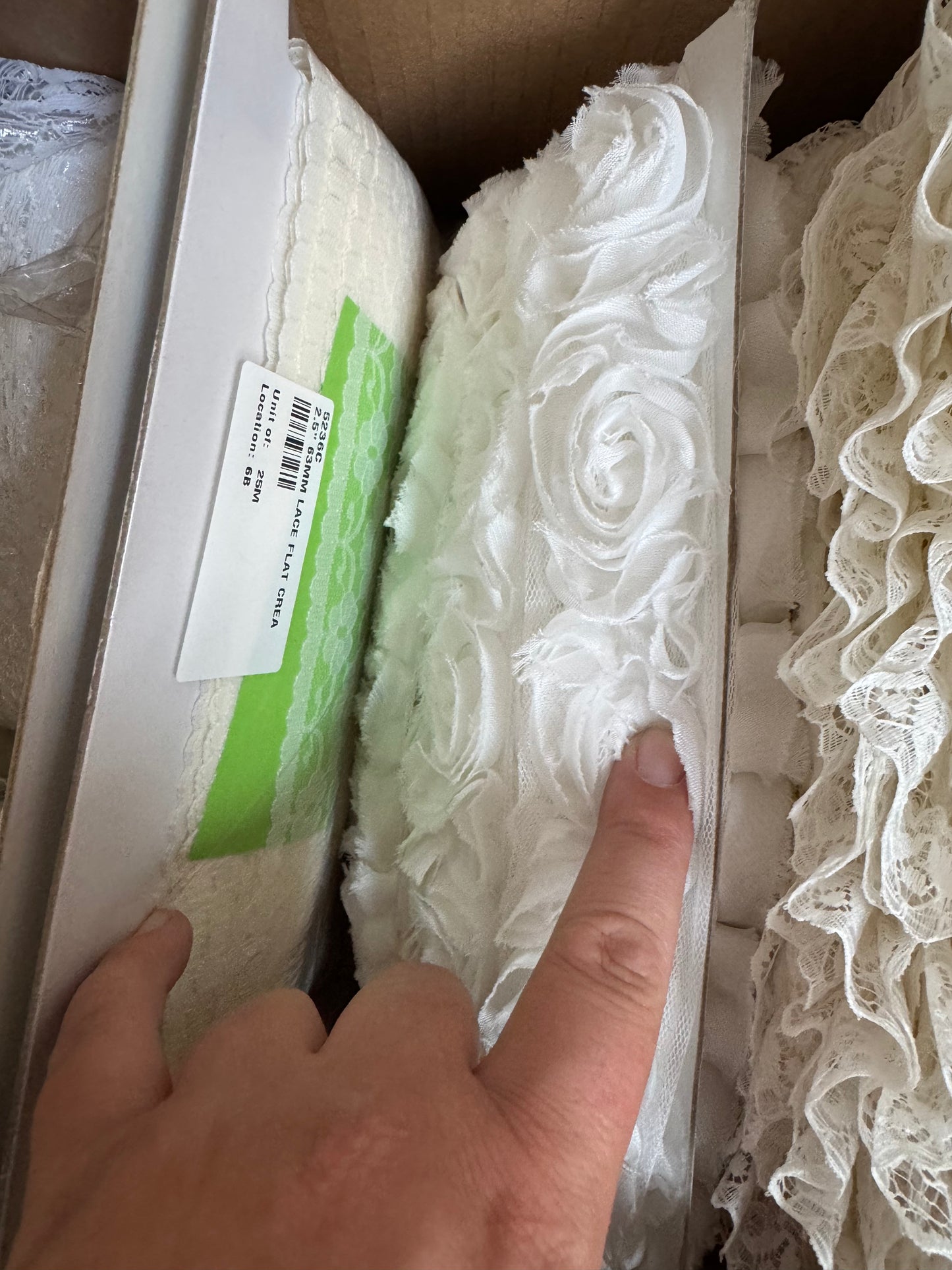 Box of trims, lace, pearls & tulle.