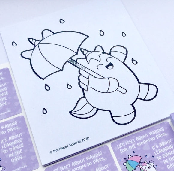 Chubbicorn Dance In The Rain Colouring Cards